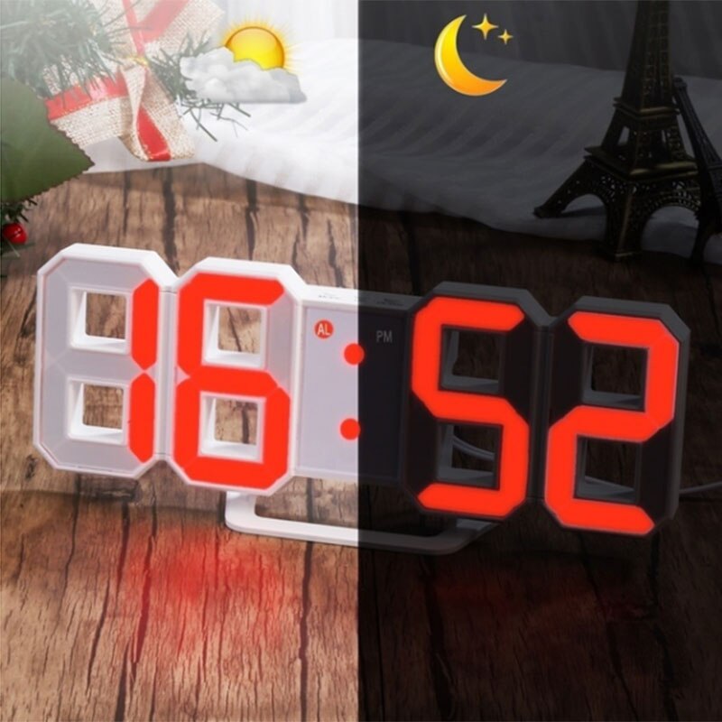 Modern Digital 3D LED Wall Clock Alarm Clocks Snooze Clock with 12/24 Hour Display HANW88: orange Font  Black