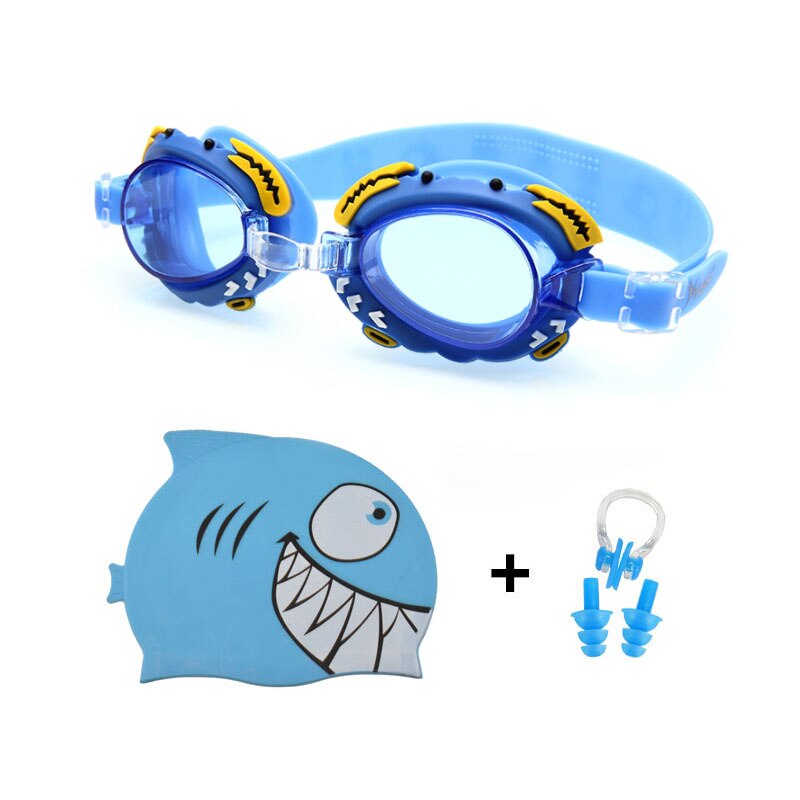 Boy Girl Swimming Goggles Children Silicone Dolphin Fish Caps Ear plug Nose Set Diving Glasses Waterproof Kids Swim Pool Eyewear: Blue Shark