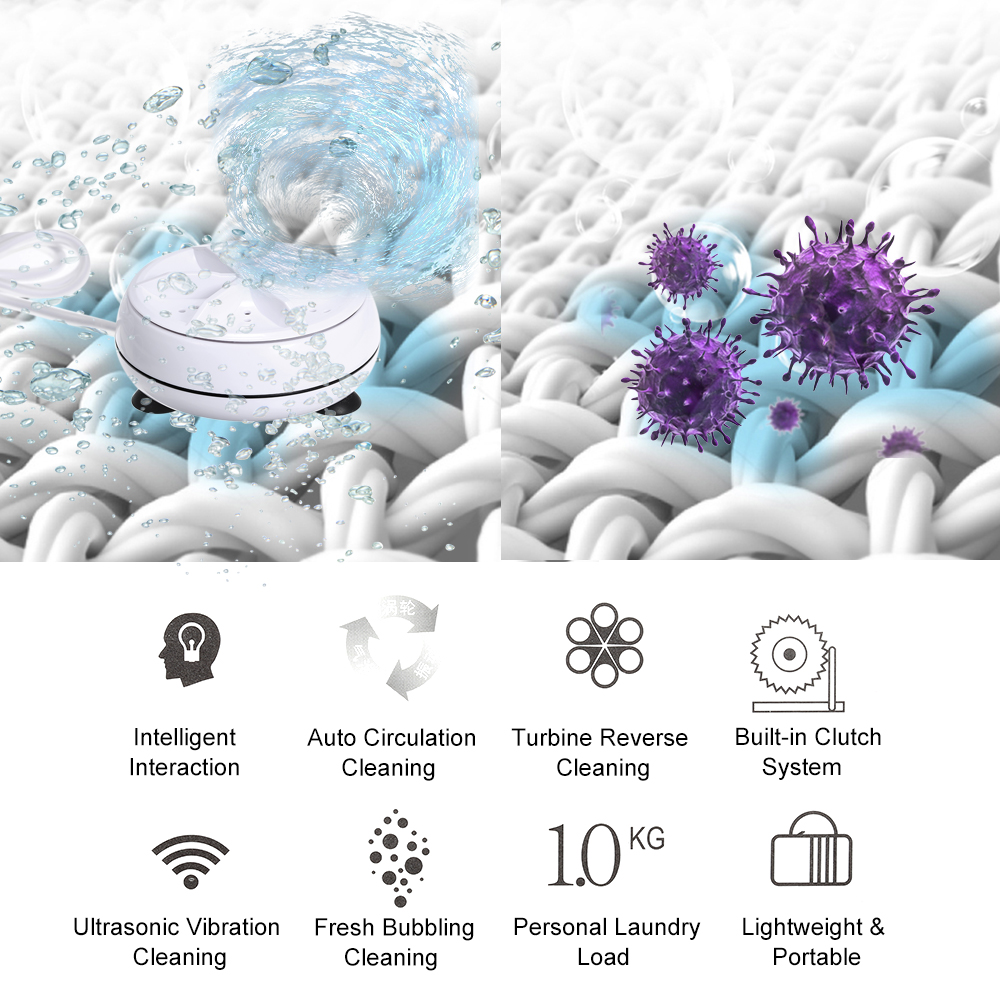 2 in 1 Portable Mini Washing Machine Ultrasonic Washer with USB Cable Convenient Cleaning for Travel Business Trip