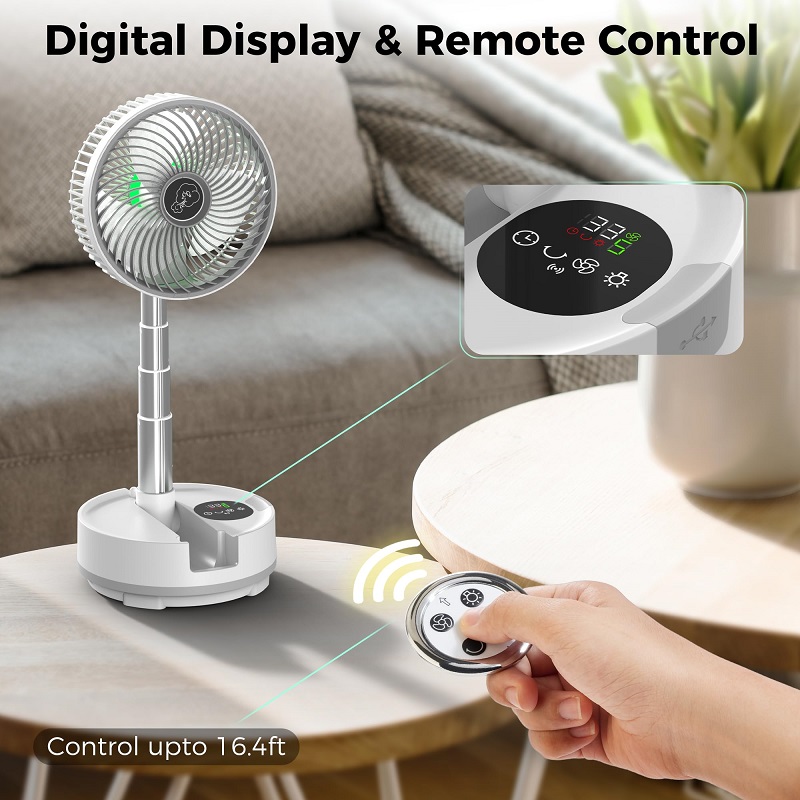 Draagbare staande oscillerende ventilator met afstandsbediening 20000 mAh witte oplaadbare batterij hoge vloer opvouwbare reisventilator voor slaapkamer