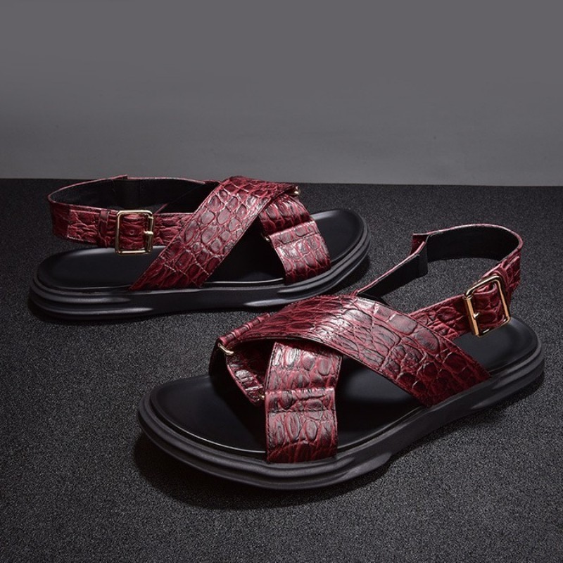 Sandaler mænd rødt blødt læder flade sandaler hjemmesko fritidsspænde strop strandsandaler hjemmesko sommerfodtøj