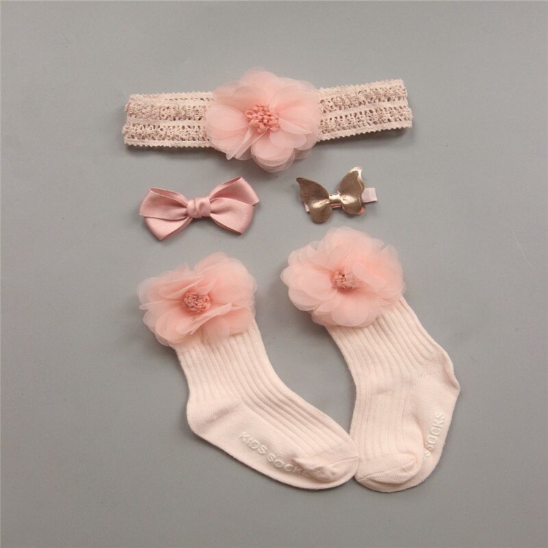 Infant Baby Girls Lace Stretch Hair Band Tulle Flower Slip Soft Non-Slip Cotton Socks Kids Children&#39;s Headwear Hair Pin 4pcs