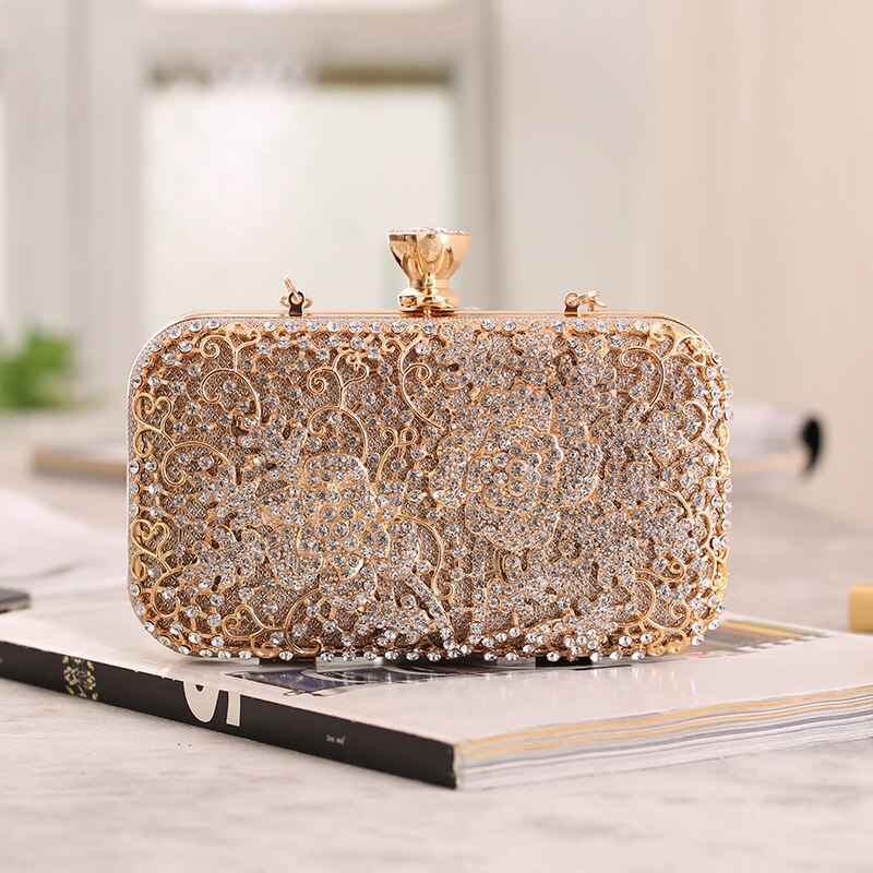 Bolso de mano de Metal con diamantes de imitación para mujer, cartera de noche de oro y cristal, bolsos para de boda, bolso de mano de día: Oro