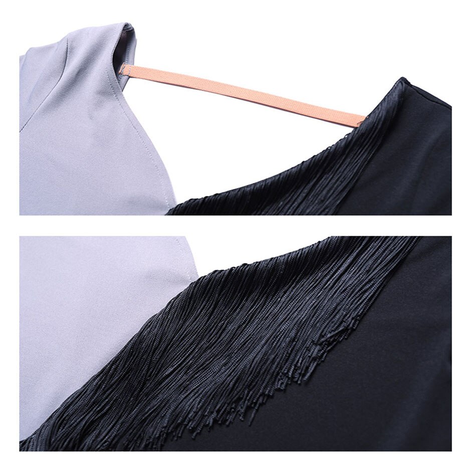 Vestido de baile latino de manga larga para mujer, vestido de retazos negro y gris para salón, Samba, Tango, Chacha, Performamnce L9589