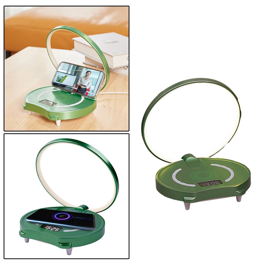Touch Control Bedside Lamp, Desk Light Clock Bluetooth Speaker, Wireless Charger, Dimmable Table Lamp, Reading Lamp, Room Decor: Green