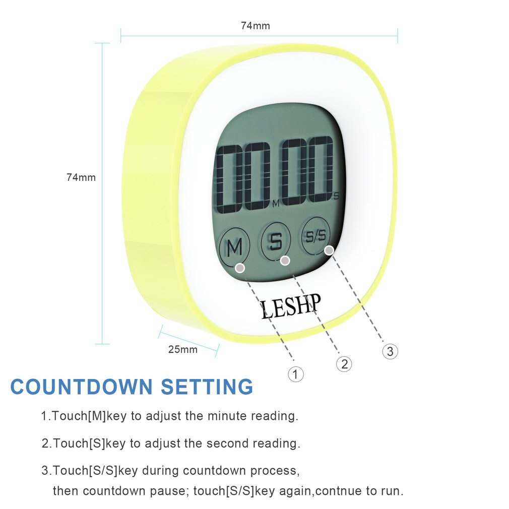LESHP Square Touchable LCD Digital Screen LED Backlight 4 Digits Display Digital Magnetic Back Kitchen Timer Countdown Timer