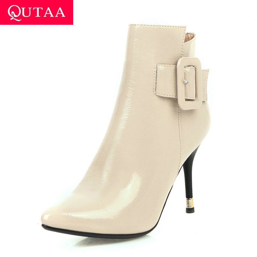 Qutaa Mode Wees Teen Pu Lakleer Enkellaarsjes Dunne Hoge Hak Herfst Winter Gesp Rits Vrouwen Schoenen Maat 34-42