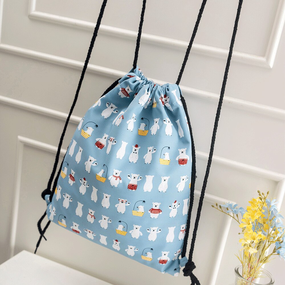 Dames kleine canvas rugzak met trekkoord, waterdichte schouderband, tassen voor meisjes, witte beer, blauwe polyester rugzak met koord: Blauwe beer