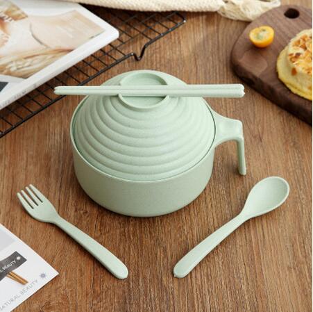 1Set Noodles Bowl with Lid Handle Dinnerware Wheat Straw Style Soup Bowl Microwavable Bowl Electric Lunch Box Food Container: green