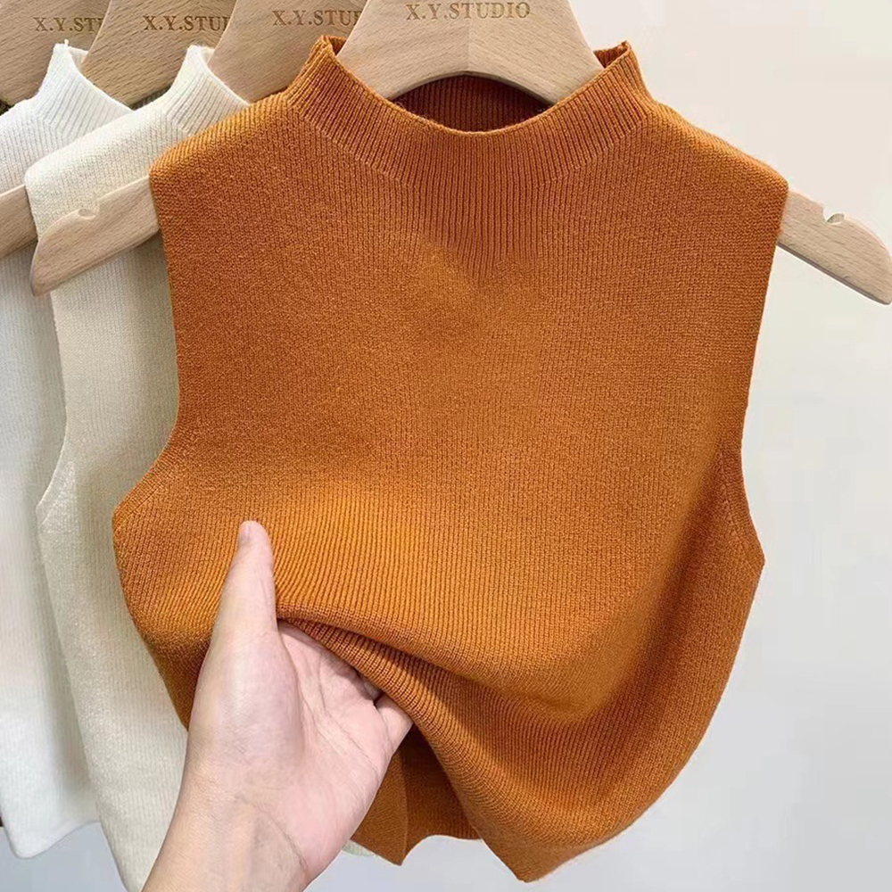 Camiseta sin mangas para mujer, camisetas tejidas de Color sólido, Top corto, camisola, suéter medio cuello alto, sin mangas para primavera y otoño: Azul cielo