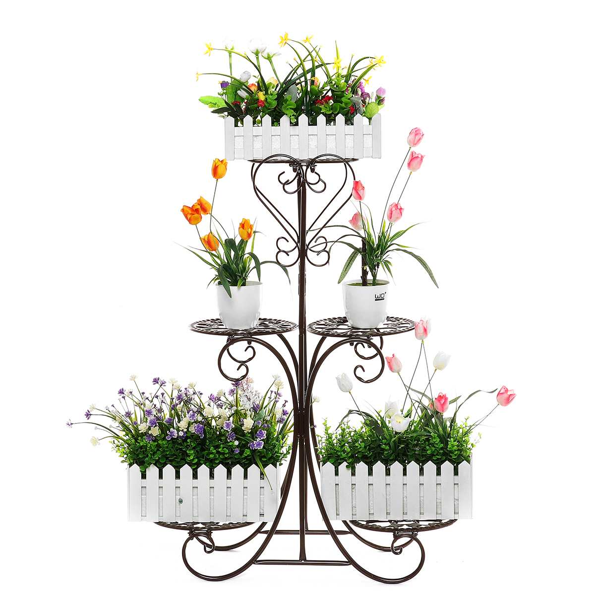 5 lagen europese smeedijzeren bloemenstandaard planken voor binnen, bloemenstandaard rek display, staande balkon bloempot planken: Bruin