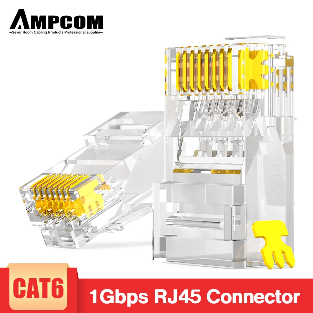 Ampcom CAT6 RJ45 Modulaire Plug Connector Utp 50U Vergulde 8P8C Crimp End Voor Ethernet Kabel, bulk Ethernet Kabel Connector