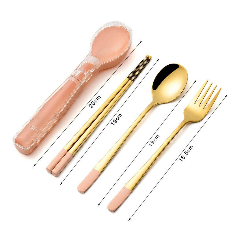 304 Stainless Steel Chopsticks Spoon fork Set Cutlery Set Flatware Set Tableware Soup Spoon Portable Cultery With Box: Pink gold-3PCS