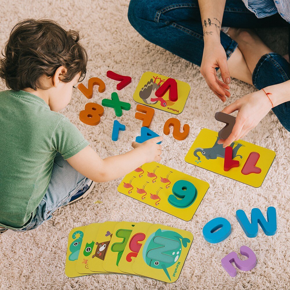 beetoy Alphabet Flash Cards Wooden Letters Jigsaw Puzzles Numbers with Storage Box, Baby Preschool Learning Educational Toys