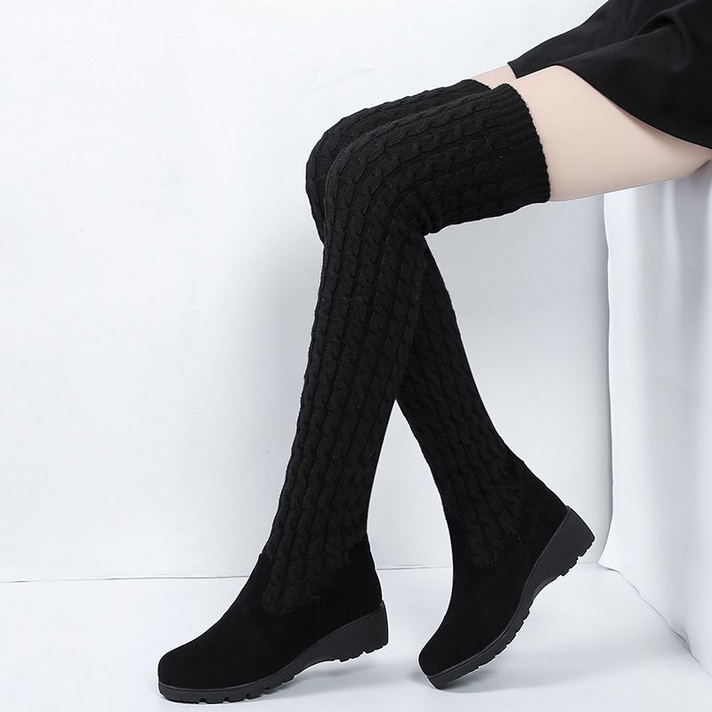 Smala ben spispipa lår höga stövlar kvinnor elastisk flock lång botte låg klack över knä botas vinter stretch strumpor stickning