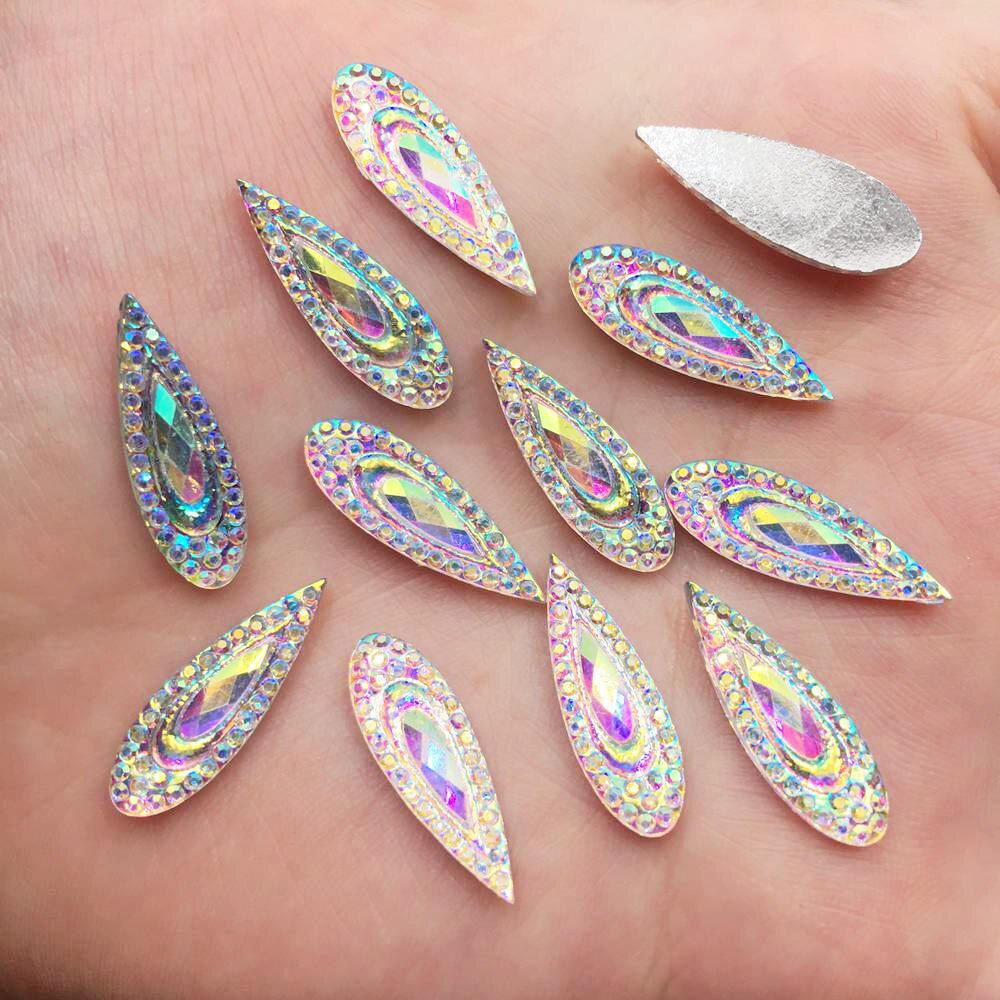 60 PCS shiny AB Hars 6*20mm Pauw eye Flat back rhinestone half Kraal bruiloft ornament DIY sieraden maken PF601