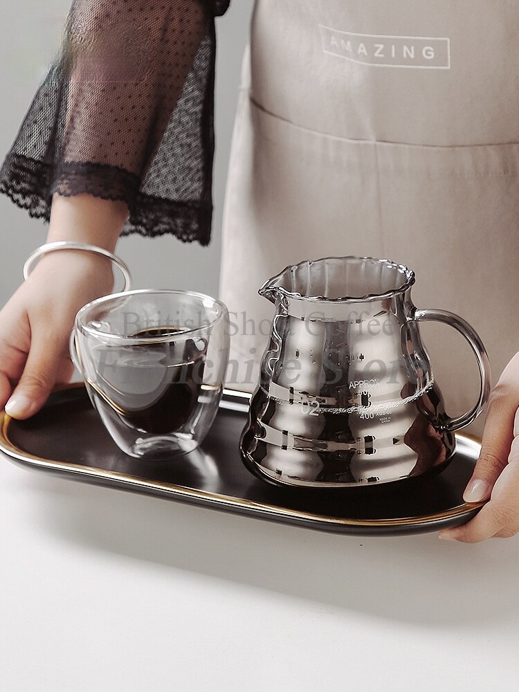 Striped V60 Drip Coffee Set Hand-held Coffee Pot Coffee Filter Cup Coffee Sharing Pot Free Spoon + Coffee Paper