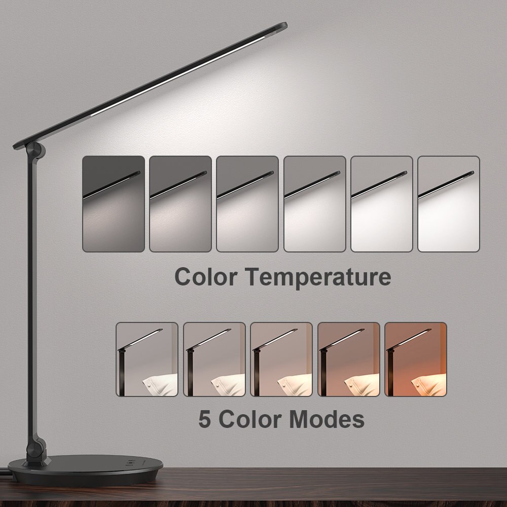 LED Desk Lamp with USB Charging Port Touch Switch Dimmable Office Lamp 5 Color Modes 60min Timer 7W Eye-caring Table Lamp