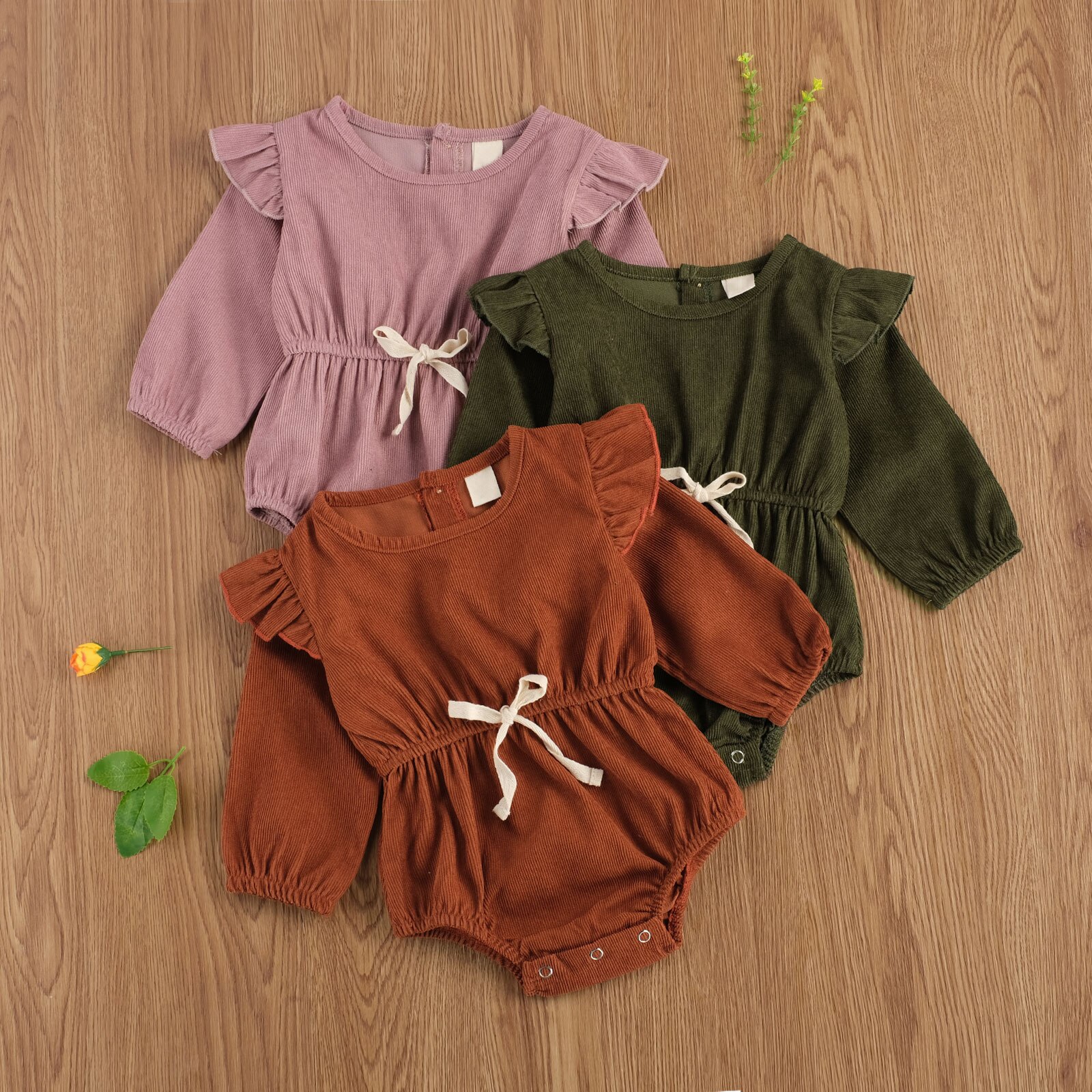 Focusnorma Autumn Baby Girls Boys body 3 colori Solid Ruffles tute con bottoni a manica lunga 0-24M One Piece