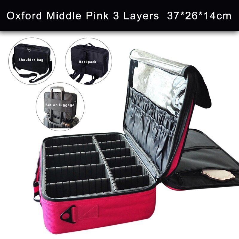 Leather Clapboard Cosmetic Bag Make Up Box Large Capacity Storage Handbag Travel Insert Toiletry Makeup suitcase: Middle Oxford Pink