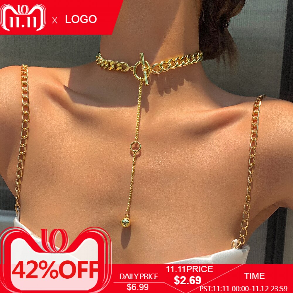 KMVEXO Trend Hip hop Gold Plated Thick Chain Metal Ball Long Chain Clavicle Necklace for Men Women Girls Party Jewelry