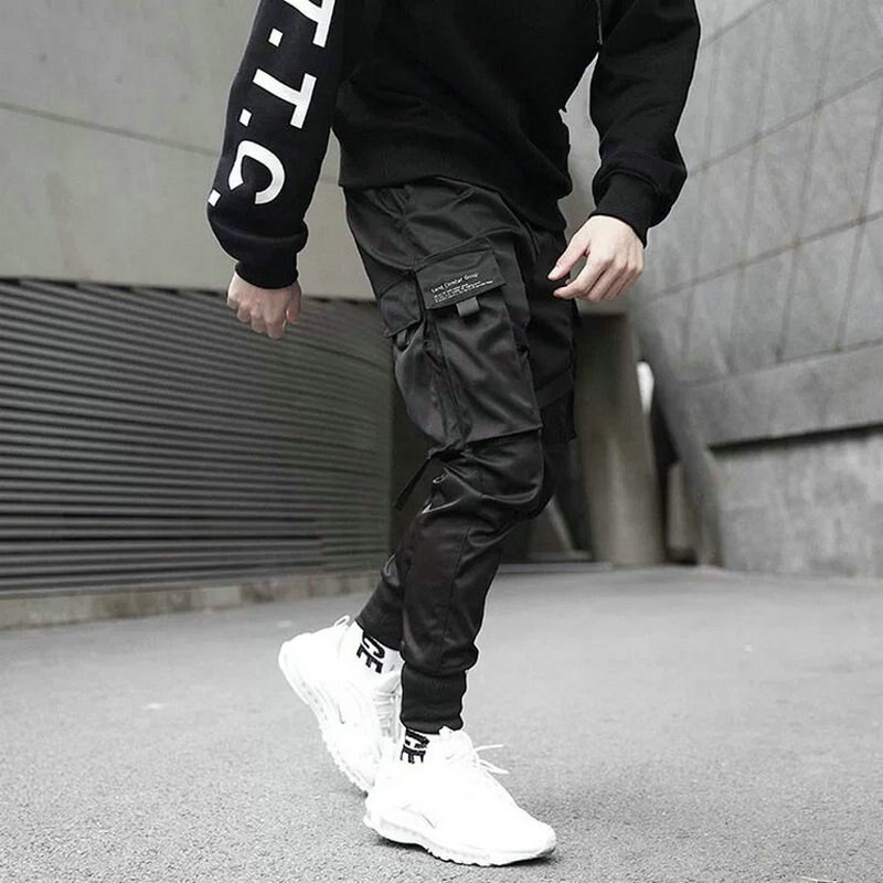 Rubans Sarouel Jogging Pantalon Cargo Homme Streetwear Hip Hop Décontracté Poches Pantalons De Survêtement En Coton Hommes Harajuku Pantalons