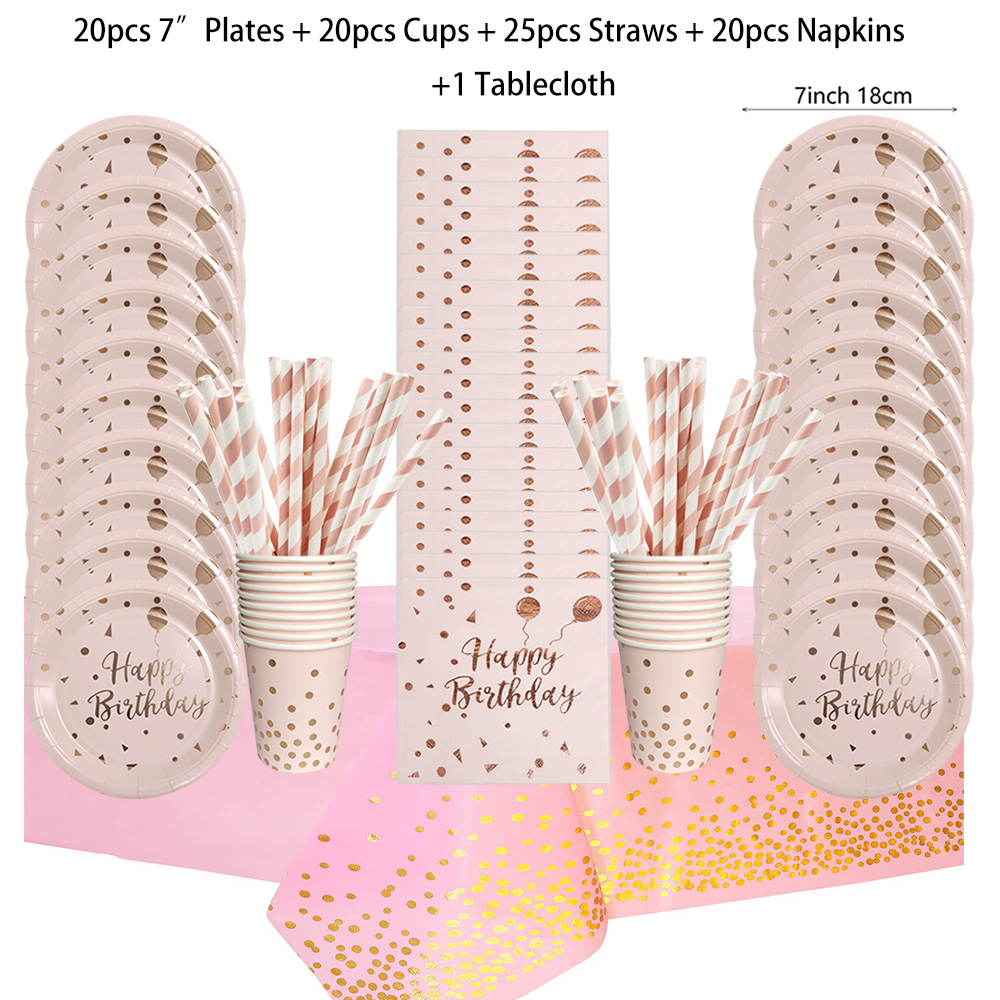 Verjaardag Wegwerp Servies Set Roze Rose Goud Witte Borden Kopjes Servetten Tafelkleed Meisje Verjaardagsfeestje Decoratie Baby Douche