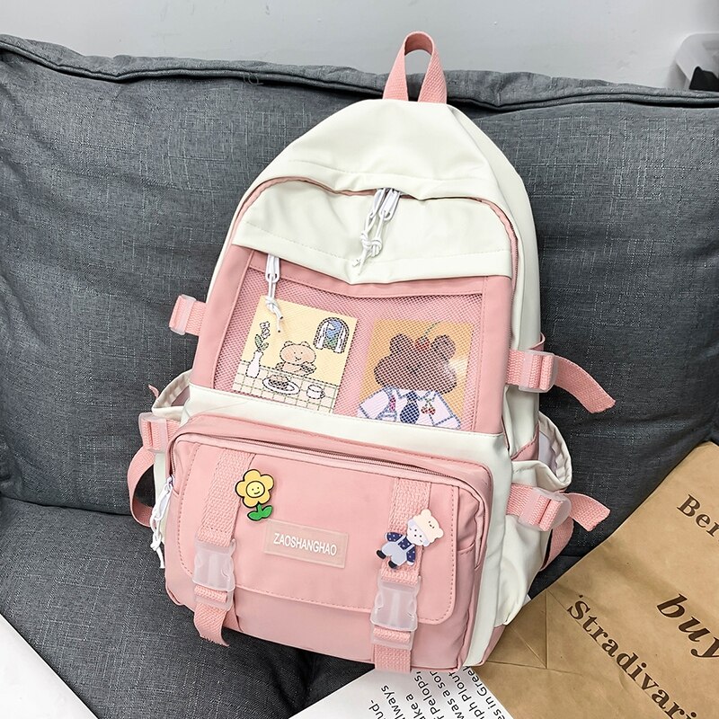 Cute Preppy School Backpacks Women Patchwork Casual Simple Retro Harajuku Schoolbags Students Couples Ins Waterproof Backpack: VIPink / Only-Backpack