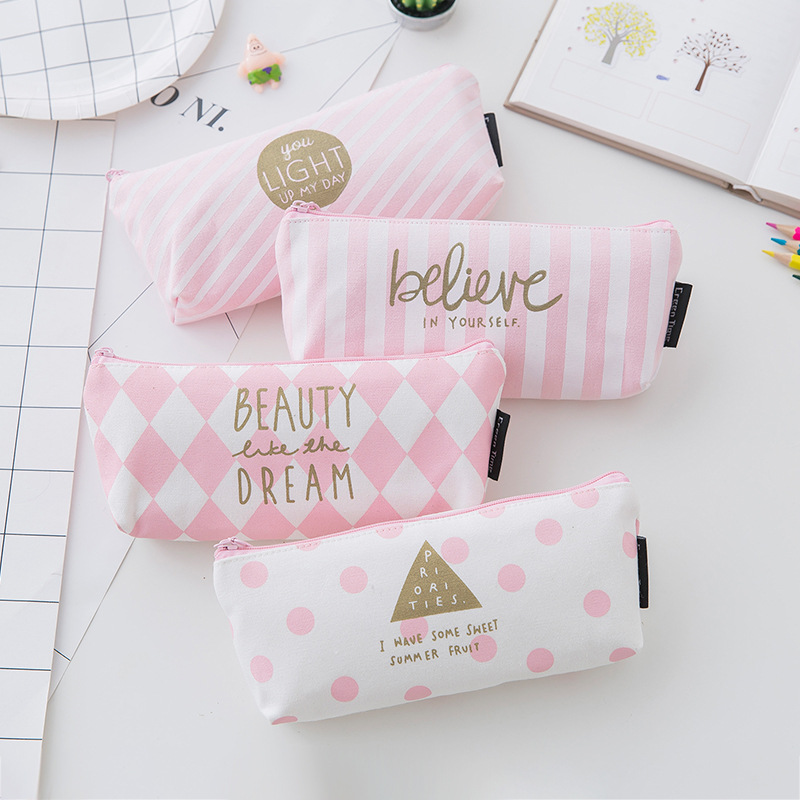 1 Pcs/Verkoop Beknopte Kawaii Etui Leuke Roze Ruit Patroon Schoolbenodigdheden Briefpapier Pennenbakje Potlood Tas