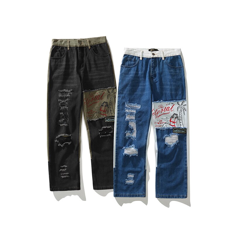 Streetwear Beach Beauty Jeans Men Blue Hip Hop Distressed Ripped Denim Jeans Washed Destroyed Patch Straight Denim Trousers