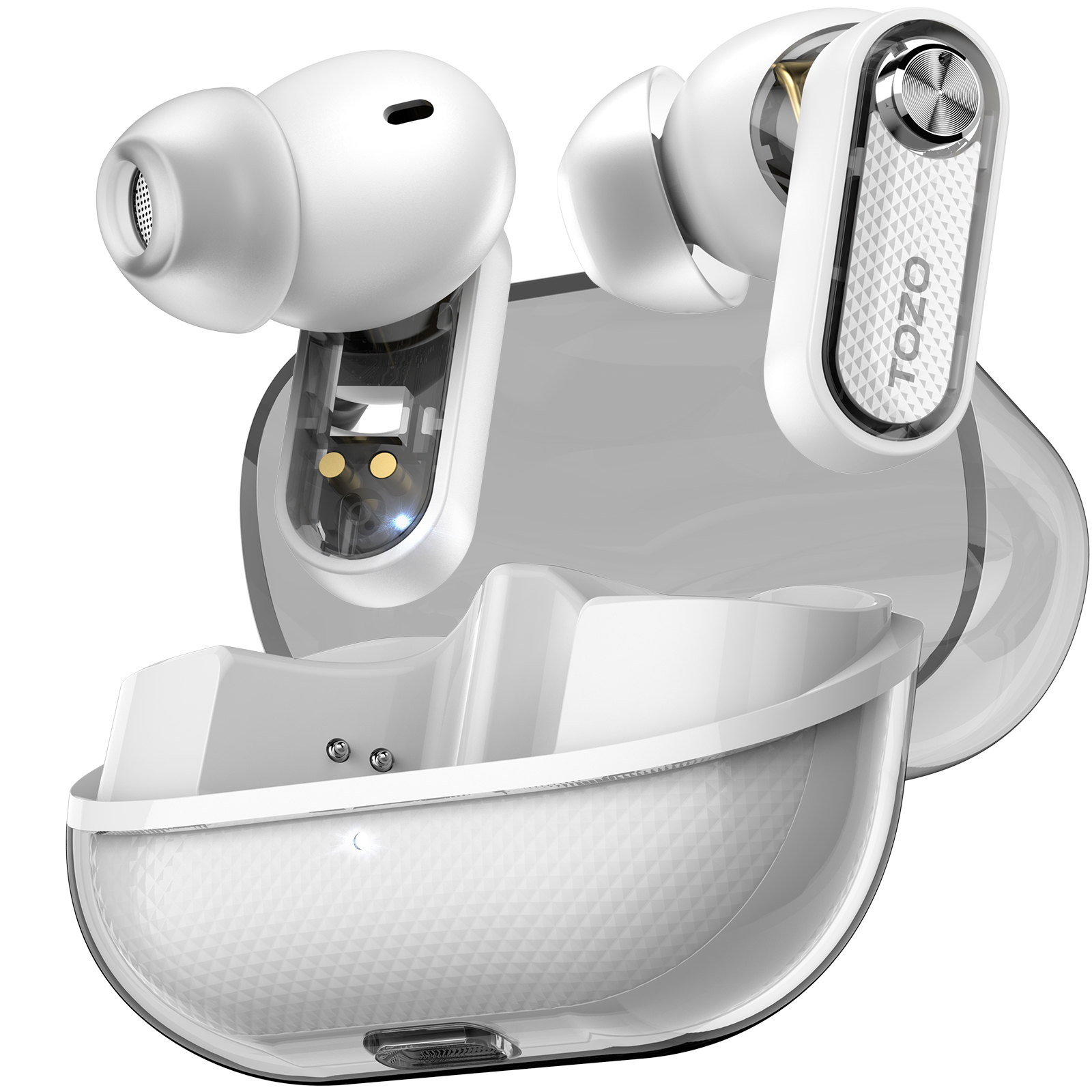 Tozo crystal pods trådlösa öronsnäckor med in-ear-funktion, bluetooth 5.4, dubbla mikrofoner, ai, tydliga samtal, transparent laddningsfodral: Vit