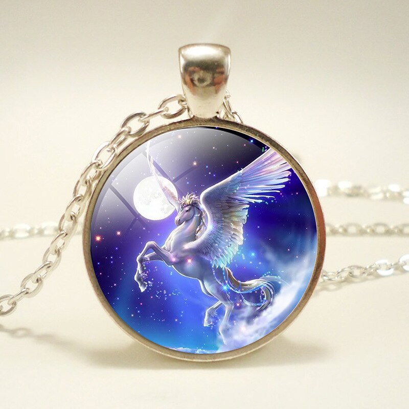 NPKDS di Modo Nuovo Collana In Lega di Zinco di Vetro Del Pendente Rotondo. Unicorn Tempo Gioiello Della Catena Del Maglione Preferito Regalo Di Compleanno: Moonlight Unicorn