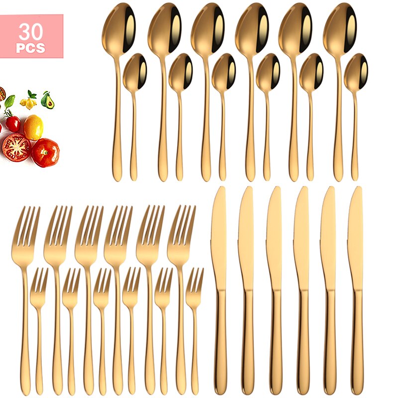 30Pcs Gold Bestek Set Keukengereedschap Zwart Roestvrij Staal Servies Vork Mes Thee Lepel Kit Zilverwerk Thuis Servies: 30pcs Gold