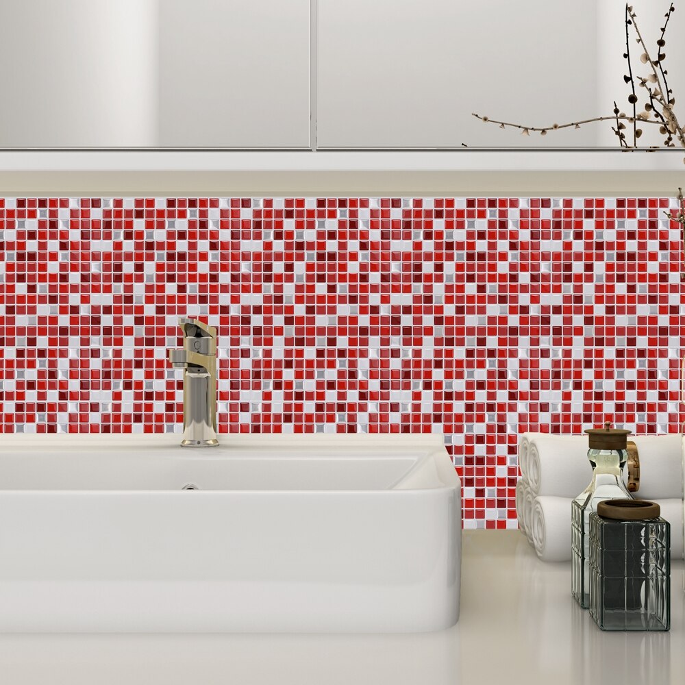Vividtiles papier peint vinyle imperméable | Effet 3D écorce et bâton, carrelage mural mosaïque rouge coloré-1 feuille