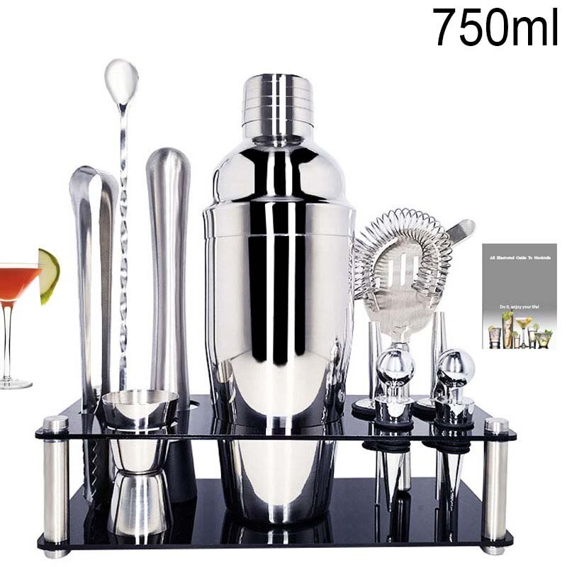 Stainless Steel Cocktail Shaker Muddler Strainer Tong Spoon Pourer Jigger Cork 550/750ml With Wine Rack Cocktail Recipe: 11Pc 750ml Z Rack