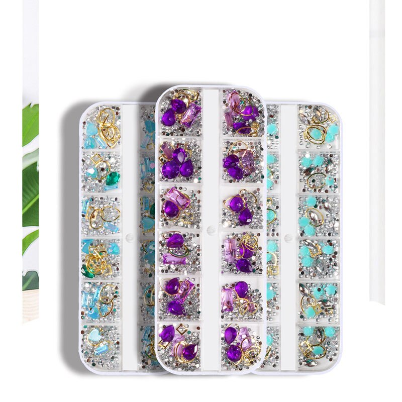12 gitter farverige krystal alien nitte perle blandet pakke neglesten perler nitter flad ryg skinnende spidser 3d neglekunst dekorationer