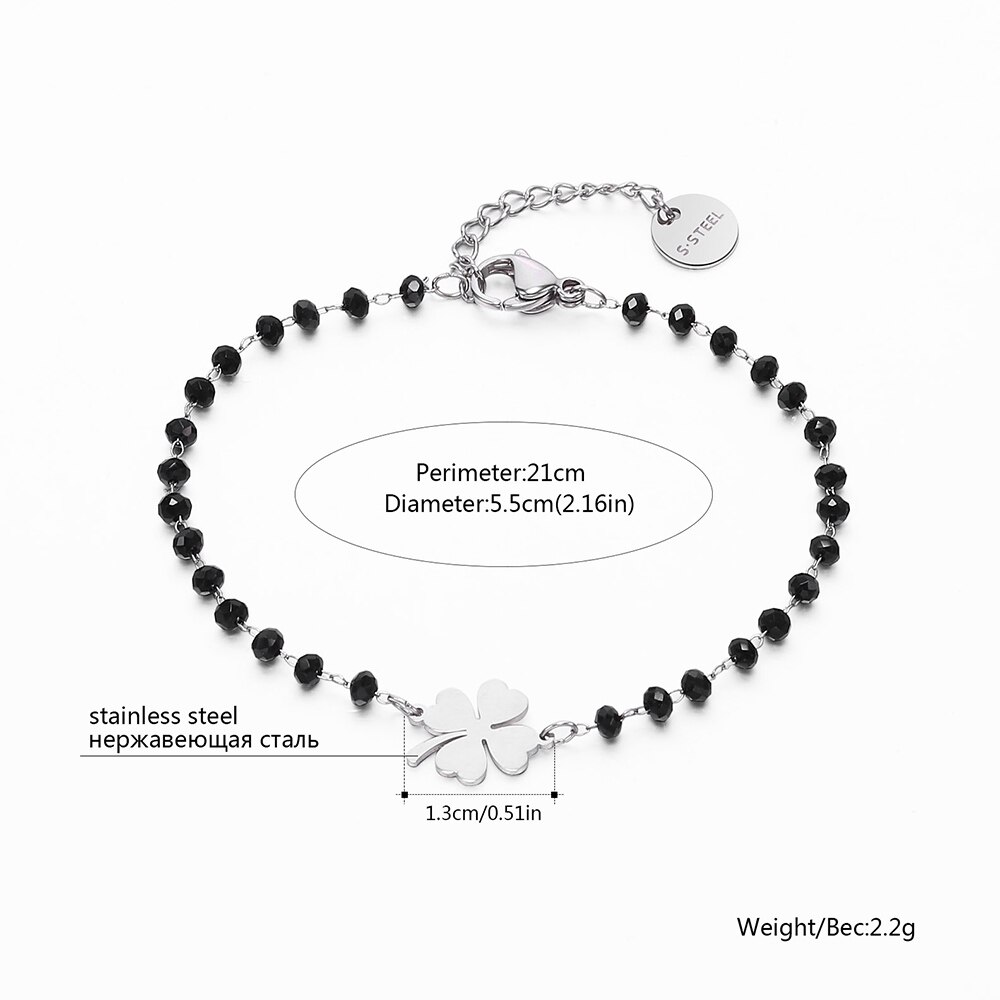 Or Rose trèfle acier inoxydable Bracelets porte-bonheur femmes noir cristal perles chaîne Bracelet bijoux De Joyas De Mujer