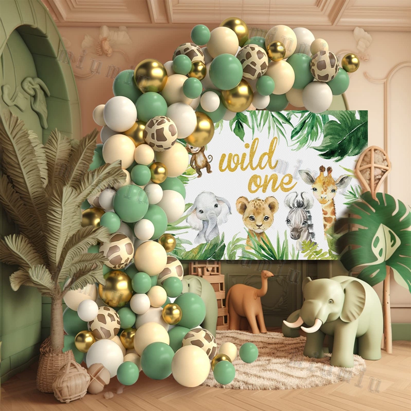 Kit de arco de guirnalda de globos blancos de Safari en la jungla, suministros para de cumpleaños para niños, globos de látex dorados con patrón de ciervo, decoración para Baby Shower