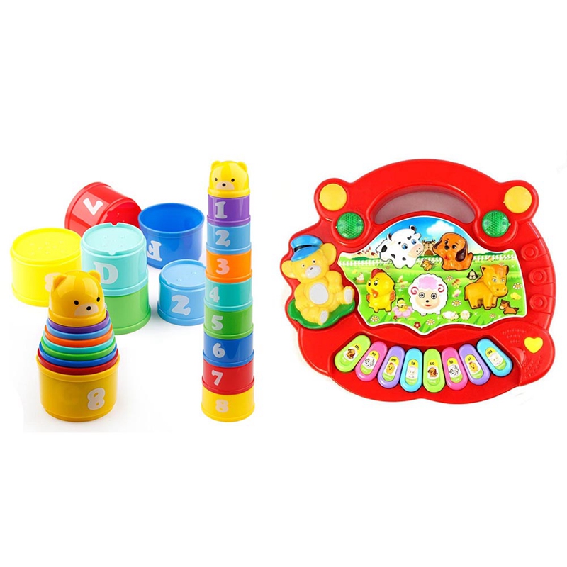 1 Pcs Animal Farm Piano Music Developmental Toys Baby Musical Instrument &amp; 1 Set Letters Foldind Stack Cup Tower