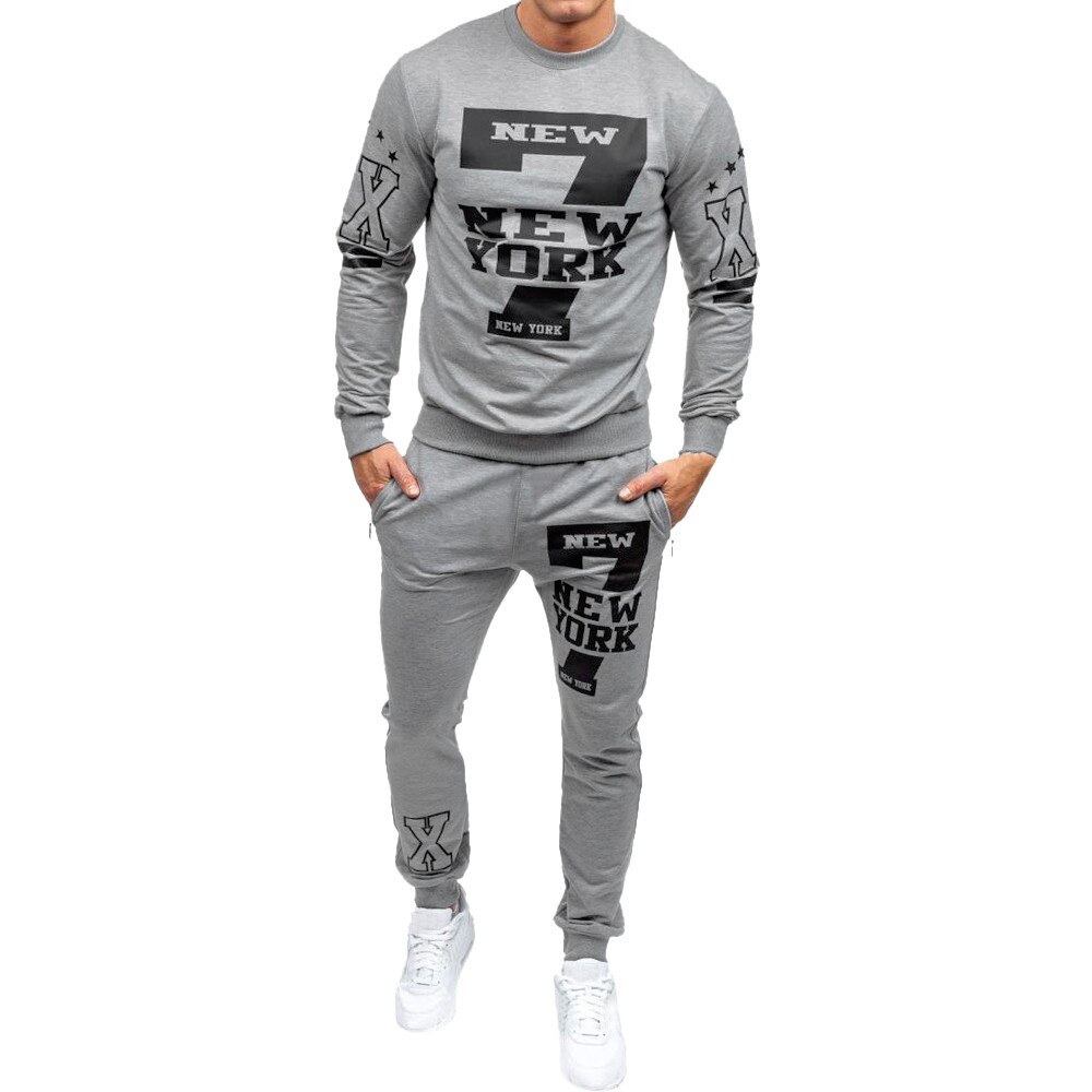 Hommes automne hiver imprimé sweat haut pantalon ensembles sport costume survêtement Trainingspak Mannelijke Sportkleding fitness Jogging: Gris / XXL