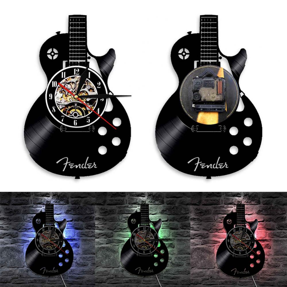 Akoestische Gitaar Klok Led Vinyl Record Custom Klok Stille Muziekinstrument Wandklok Art Home Decoratie