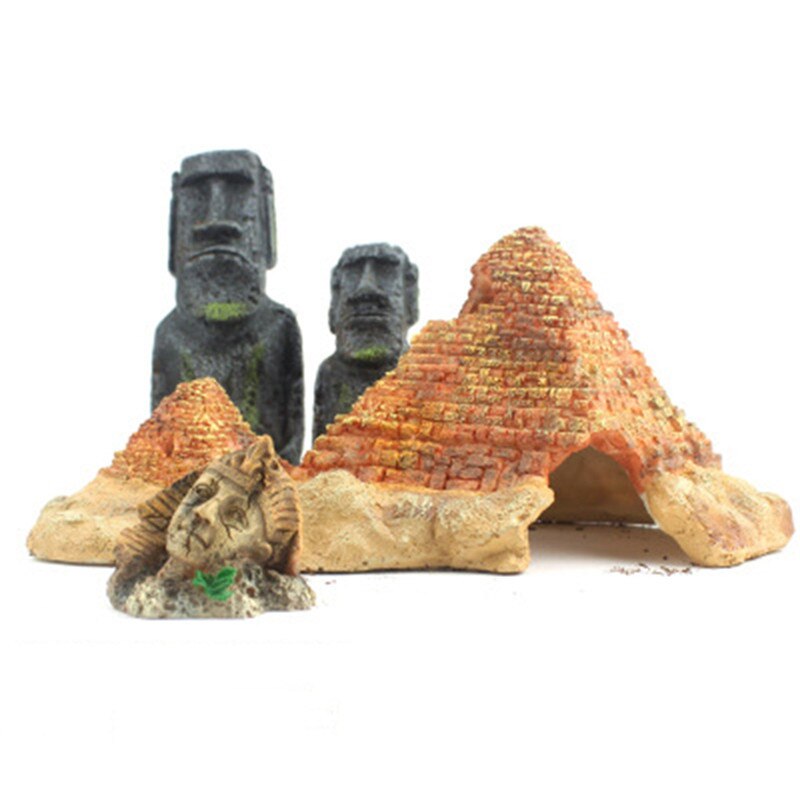 Resin Aquarium Decoration Easter Island Head Statue Egyptian Pharaoh Pyramid Desert Theme Fish Tank Decor