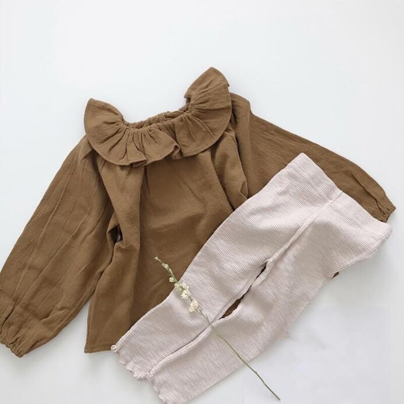 Camicetta a maniche lunghe girocollo in cotone e lino da bambina camicetta Casual tinta unita autunno giapponese per bambini WT022: Brown / 100cm