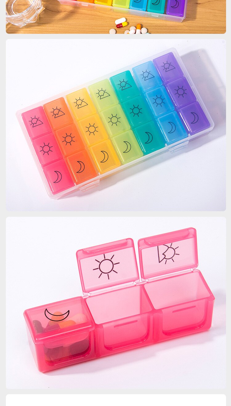 Large Pill Box Weekly Pill Case Medicine Tablet Dispenser Organizer Pill Box 3 Row 21 Grids 7 Days Pill Storage Container