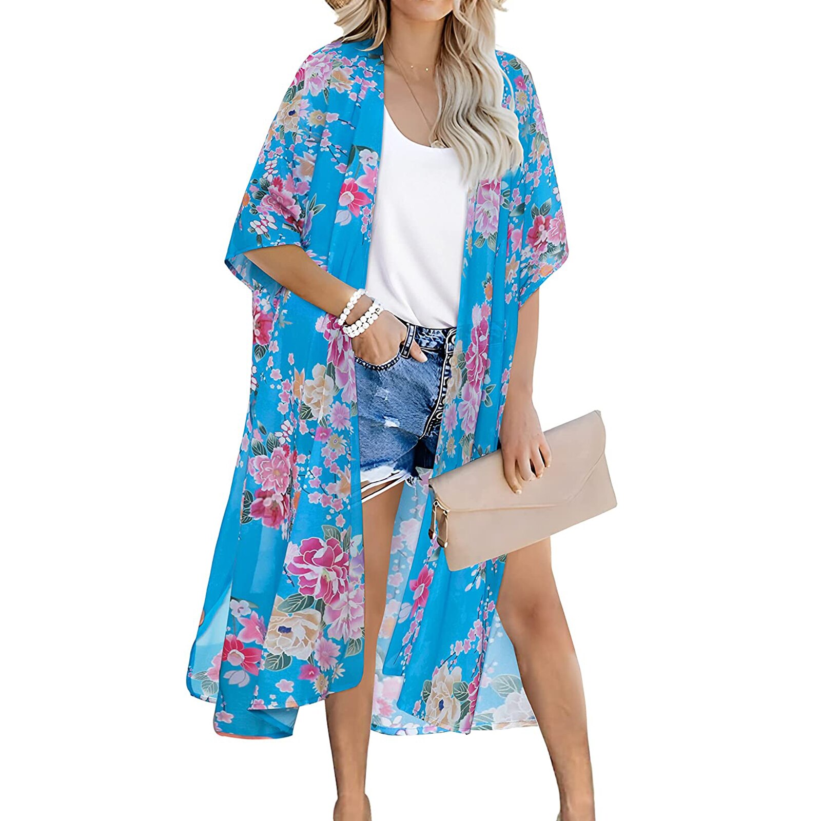 Bata transparente para mujer, Blusa de gasa con estampado único, protección solar, Media manga, Bikini, cárdigan, falda Bohemia con abertura larga, 2022: 4