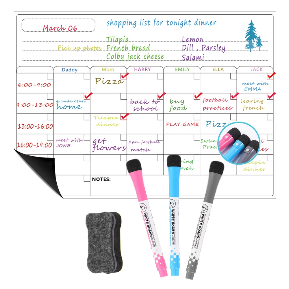 Dry Erase Calendar - A3 Magnetic Dry Erase Weekly Calendar for Refrigerator - Grocery List and Week Menu Board for Fridge