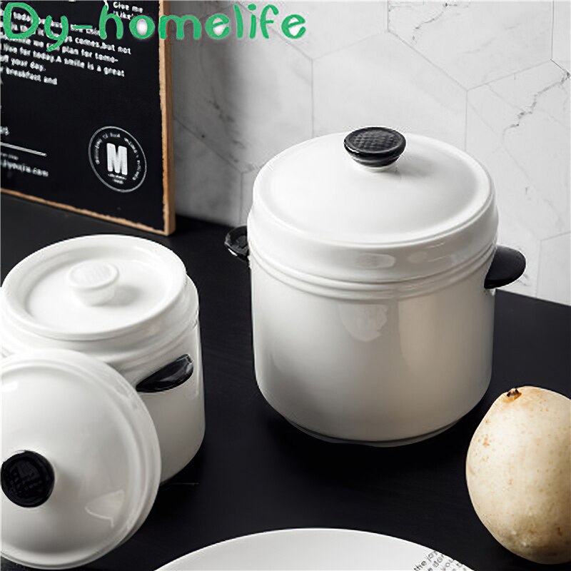 Ceramic Stew Pot Korean Double Ear Double Cover White Round Soup Bowl Cooking Utensils Household Kitchen Supplies Tableware