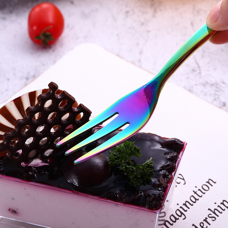 Rainbow Fork Dessert Cake Fruit Forks Three Tines Long Handle Tea Fork set Kitchen Cutlery Stainless steel Dinnerware Xmas