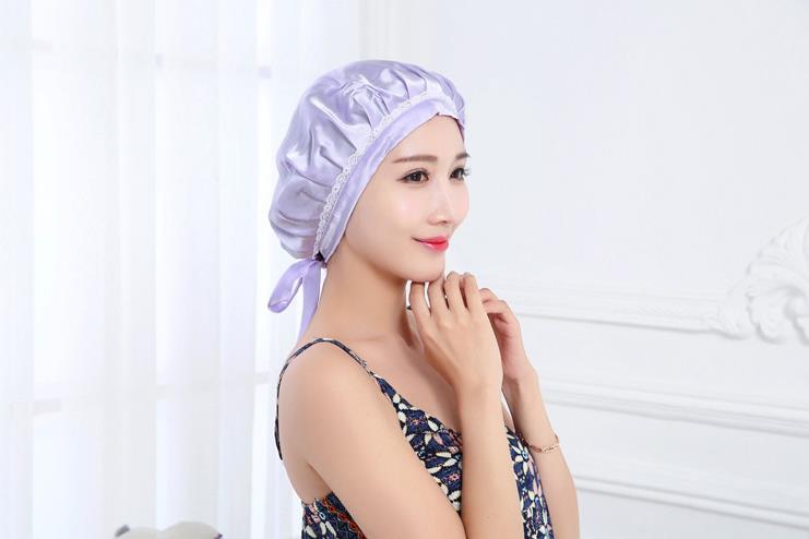 100% Silk Sleeping Cap Soft Silk Night Sleep Cap Sleeping Hat Bonnet Burgundy Sleepwear With Tie Adjustable: light purple