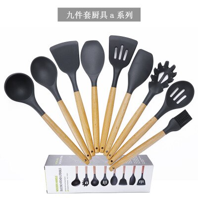 11pcs Silicone wooden handle kitchen utensils non-stick pan shovel tool set soup ladle cooking kitchen tool silicone kitchen: 9pcs  A set meal